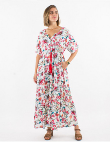 Romantic long dress, elastic under the chest, white floral pattern