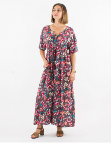 Robe longue romantique élastique sous la poitrine motif fleuri