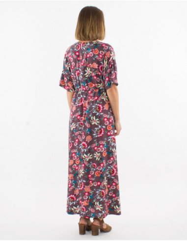 Long flowing dress for spring bohemian chic floral pattern chocolate brown
