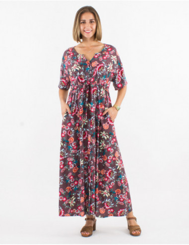Romantic long dress, elastic under the chest, chocolate brown floral pattern
