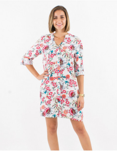 Chocolate white shirt dress with romantic 3/4 sleeves and red flowers
