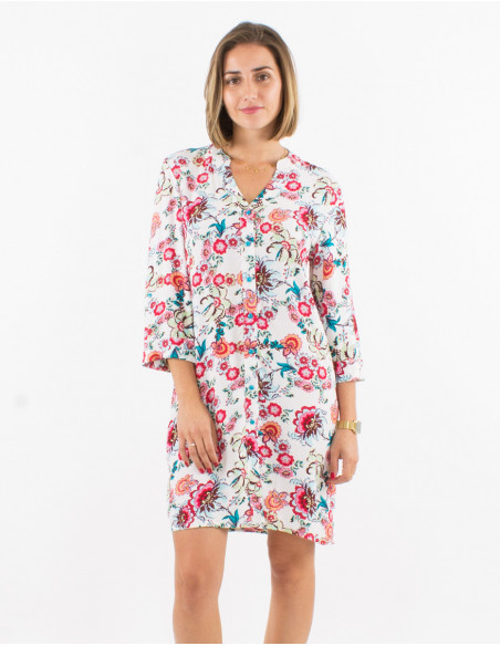 Women's flowing button-down dress with white bohemian pattern