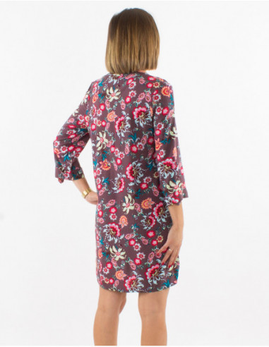 Robe courte à boutons légère pour l'été à imprimé bohème fleuri marron chocolat