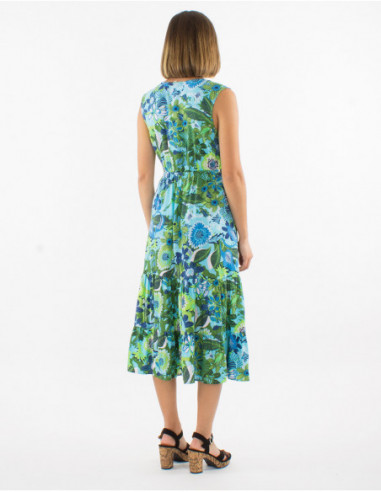 Women's summer mid-length dress with original pattern of big blue flowers