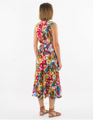 Women's summer mid-length dress with original pattern of big red flowers