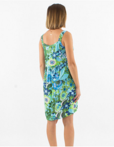 Short summer dress with pleats under the chest and blue floral baba cool print