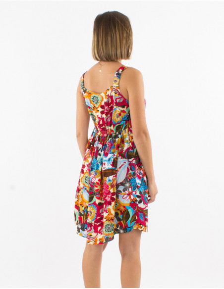 Robe courte estivale plis sous la poitrine avec imprimé baba cool fleuri rouge