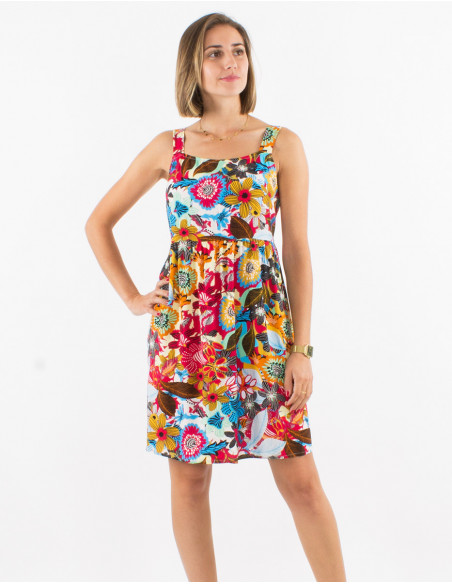 Robe courte chic plis sous la poitrine à imprimé original grosses fleurs rouges