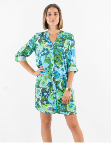3/4 sleeves blue baba cool shirt dress with big flowers