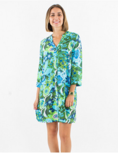 Robe courte fluide légère à manches 3/4 et motifs baba cool fleuri bleu