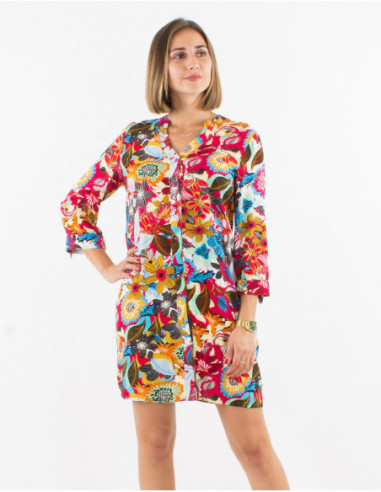 Lightweight flowing short dress with 3/4 sleeves and red floral baba cool patterns