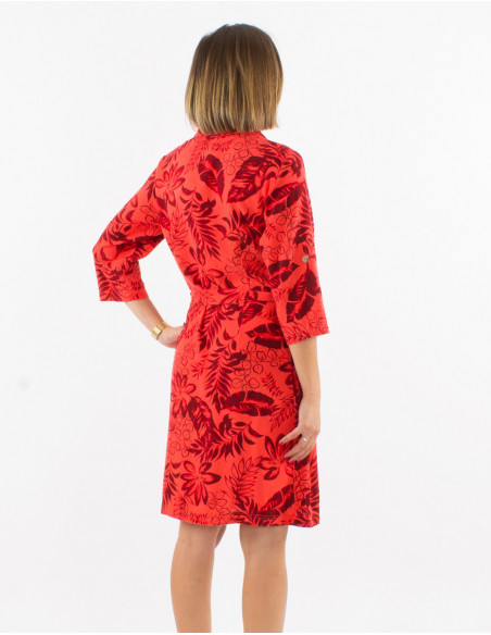 Robe courte chic féminine à boutons et motifs feuilles rose corail