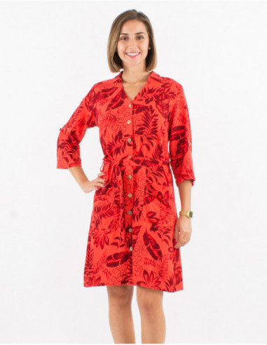 Short summer dress with coral orange leaf chic linen and buttons at the front