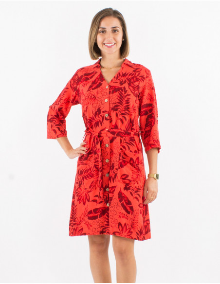 Short summer dress with coral orange leaf chic linen and buttons at the front