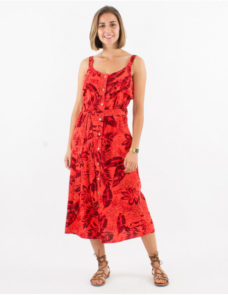 Chic strapless button front midi dress with linen leaf pattern