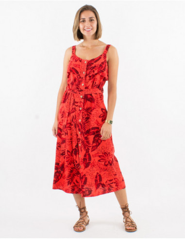 Midi dress with linen and buttons bohemian chic for summer with coral pink leaves
