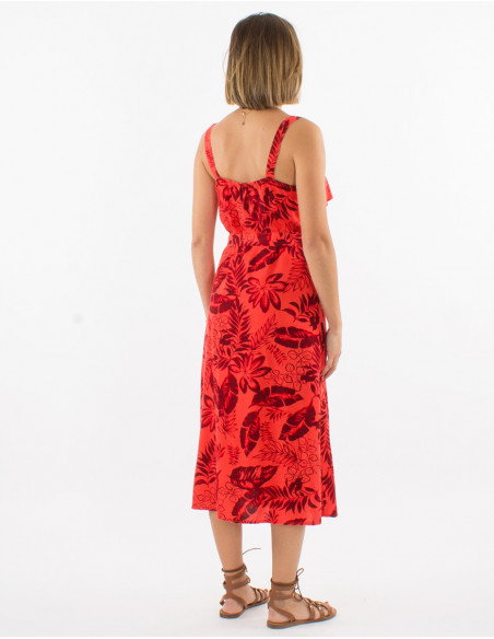 Robe midi avec lin pour le printemps à boutons et imprimé feuilles orange corail