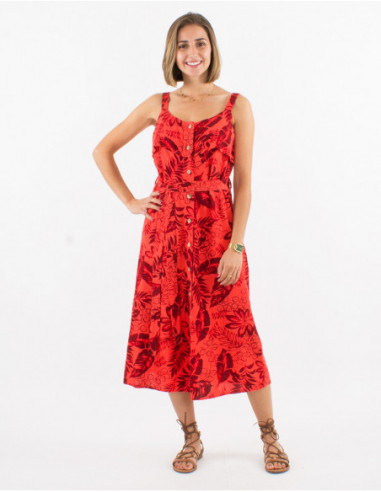 Robe midi à bretelles et boutons avant chic avec lin et motif feuilles rose corail