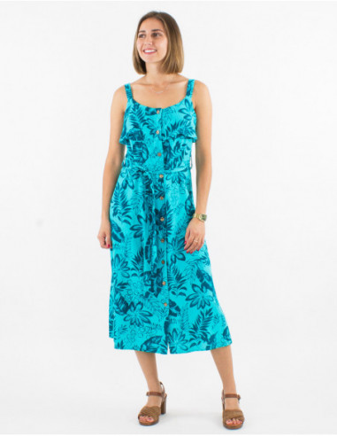 Midi dress with linen and buttons bohemian chic for summer with turquoise blue leaves