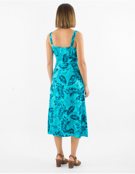 Robe midi avec lin pour le printemps à boutons et imprimé feuilles bleu turquoise