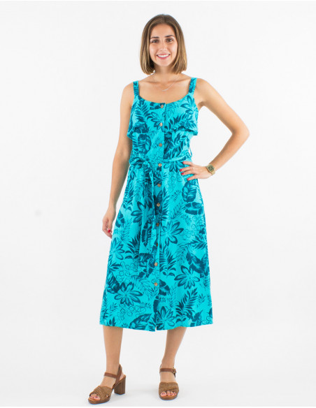 Chic strapless button front midi dress with linen and turquoise leaf pattern