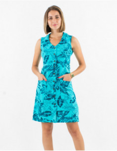 Robe courte chic avec lin pour l'été sans manches et motif bohème feuilles