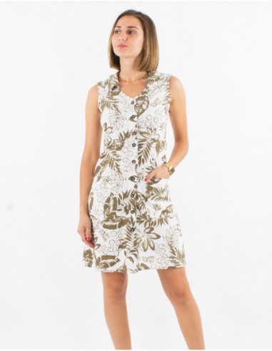 Robe courte chic avec lin pour l'été sans manches et motif bohème feuilles