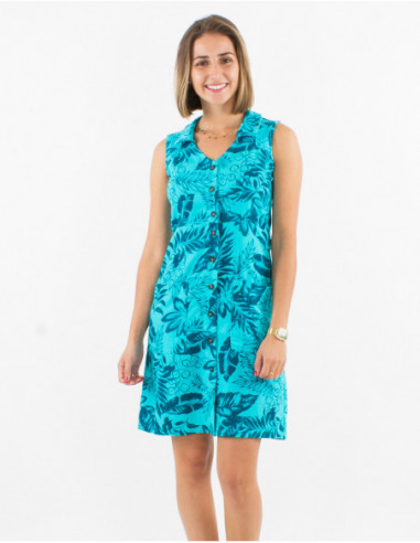 Robe courte chic féminine sans manches avec motif feuilles bleu turquoise et boutons à l'avant