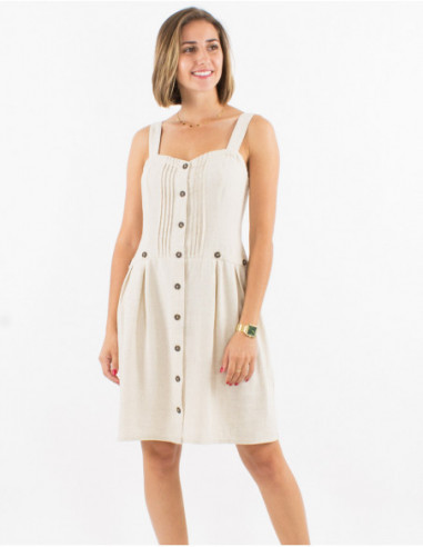 Summer chic short dress with ruffles and plain white buttons with linen