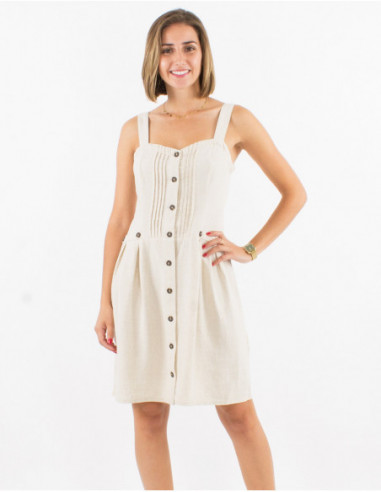 Robe courte avec lin chic et basique pour l'été à boutons avant unie écru pour femme