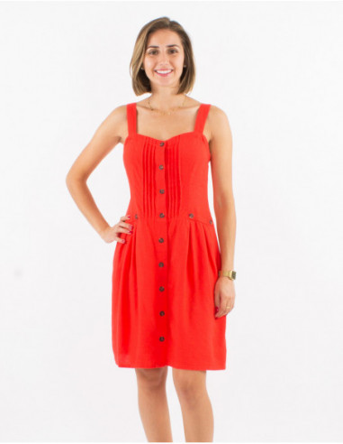 Summer chic short dress with ruffles and plain red buttons with linen