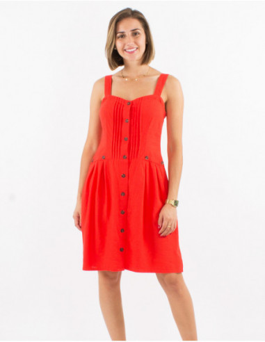 Women's chic and basic summer linen short dress with plain red front buttons