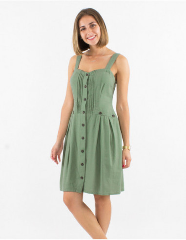 Summer chic short dress with ruffles and plain green buttons with linen