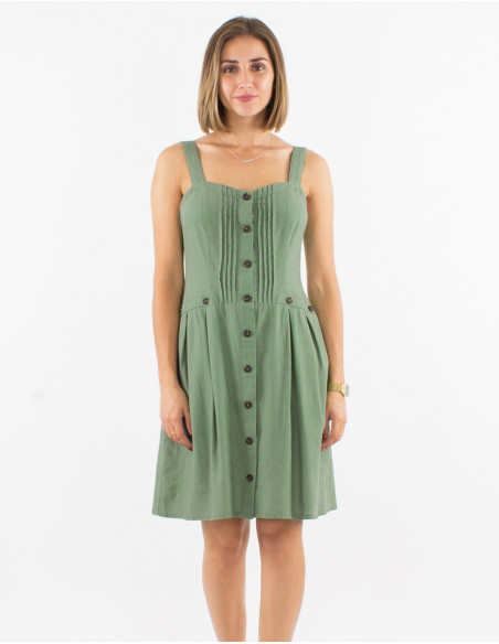 Women's chic and basic summer linen short dress with plain water green front buttons