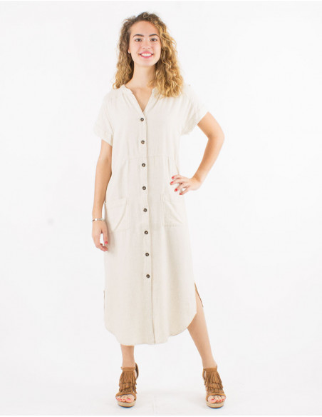 Robe midi à manches courtes avec lin unie écru basique pour l'été