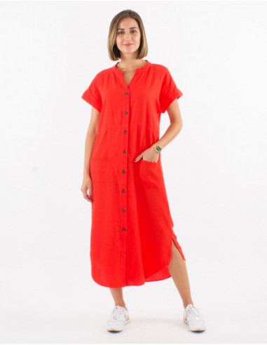 Short sleeve midi dress with plain red linen basic for summer