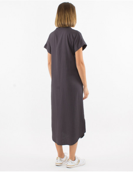 Chic plain chocolate brown midi dress with side slits and buttons for spring 2023