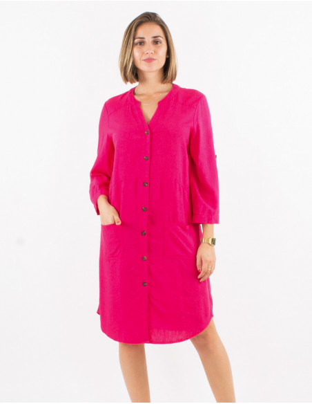Robe courte boutonnée coupe large pour l'été chic unie basique rose