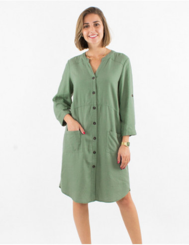 Women's basic water green short straight dress with buttons