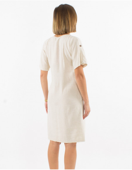 Robe courte chic pour l'été unie basique écru avec manches courtes