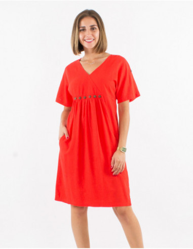 Robe courte cintrée chic avec boutons sous la poitrine unie basique rouge