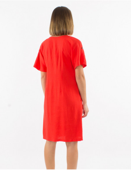 Chic short dress for summer plain red with short sleeves