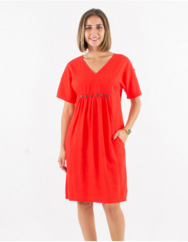 Robe mi longue chic avec lin pour femme unie basique rouge pour le printemps