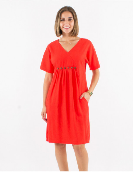 Chic mid-length dress with linen for women basic red for spring