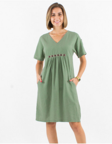 Chic fitted short dress with buttons under the chest basic green water