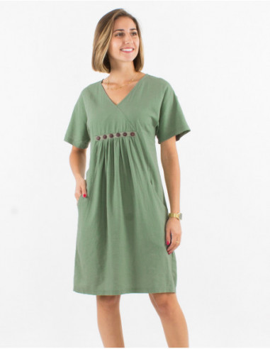 Chic mid-length dress with linen for women basic water green for spring