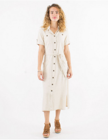 Robe longue chic à boutons et ceinture à nouer unie écru basique pour l'été