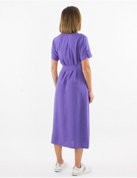 Fluid midi dress for summer chic with buttons and plain belt basic lavender