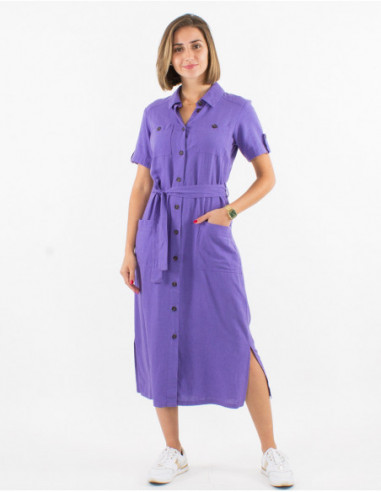 Robe longue chic à boutons et ceinture à nouer unie lavande basique pour l'été