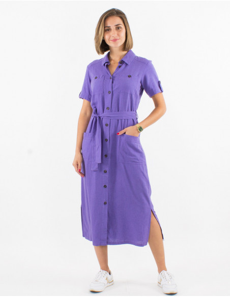 Chic long dress with buttons and tie belt in a basic lavender color for summer